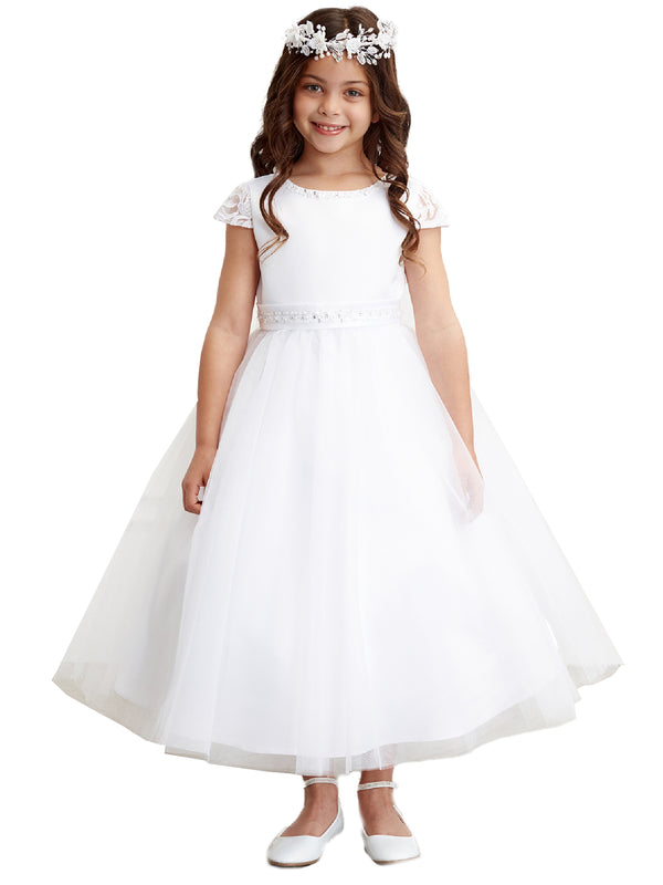 Tip Top Kids Big Girls White Cape Sleeve Pearl Waist Communion Dress 8-18 - SophiasStyle.com